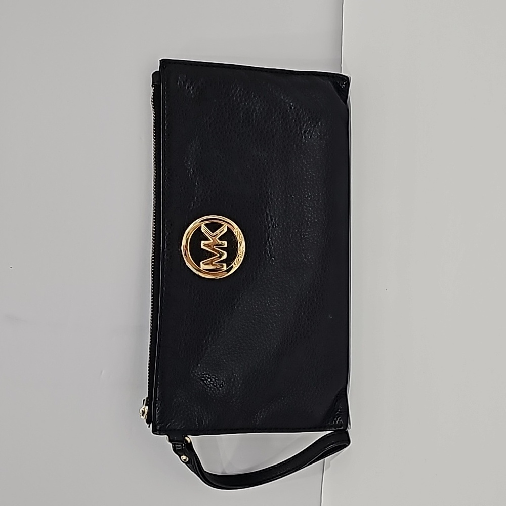 Michael Kors wristlet  Black Leather Wallet bag Gold MK hardware